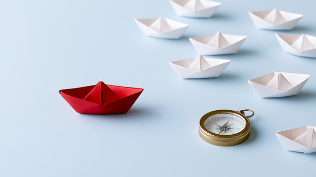 A red paper boat lead white paper boats on blue background with compass, concept of leadership, success, business strategy, vision and go