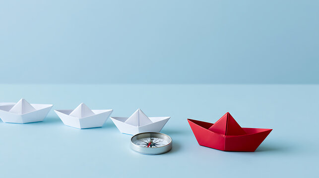 Red paper boat lead a fleet of white origami vessels with a metal compass on light blue background as a concept for business leadership