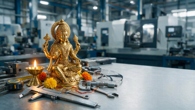 Vishwakarma Puja with Golden Deity in Industrial Machine Shop