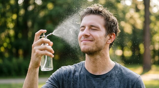 Young man refreshing his face with water spray on a hot summer day outdoors