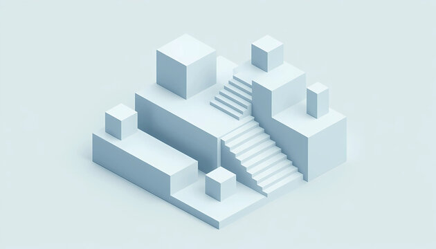 Minimalist isometric white architectural model with blocks and stairs on light background minimalist design 3D structure geometric shapes modern architecture
