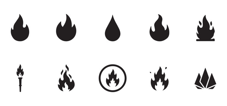 Fire flame icons collection featuring varied burn styles and torch silhouettes for web interface.