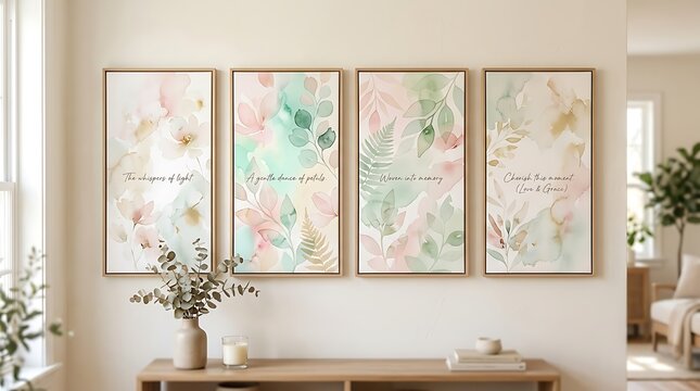 Elegant interior with a triptych of abstract pastel art above a wooden console table