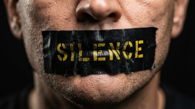 Dark moody portrait with black tape over mouth spelling SILENCE ideal for social issues campaigns, protest graphics, awareness banners, or powerful marketing backdrops.