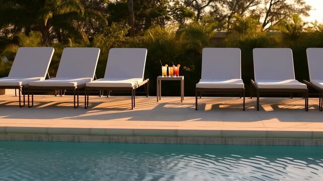 Poolside lounge chairs sit beside calm swimming pool with sunlit water reflections, outdoor seating area, and greenery creating peaceful leisure atmosphere with modern relaxation setting