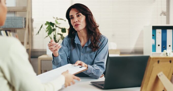Doctor, woman or patient with clipboard for medical application or health insurance in clinic. Female people, healthcare consultant or client with paper, document or consent form for consultation