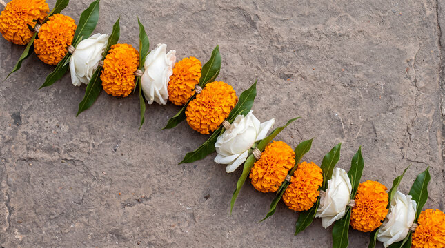 Handcrafted diagonal garland of orange marigold and white flowers arranged on a textured gray stone background, traditional Indian decoration.
