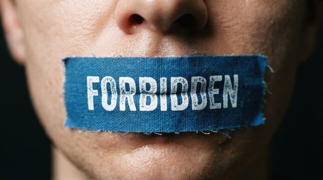 Dark moody close-up stock photo of a censored mouth with forbidden tape symbolizing speech restriction for marketing banners, editorials, or social issue campaigns.