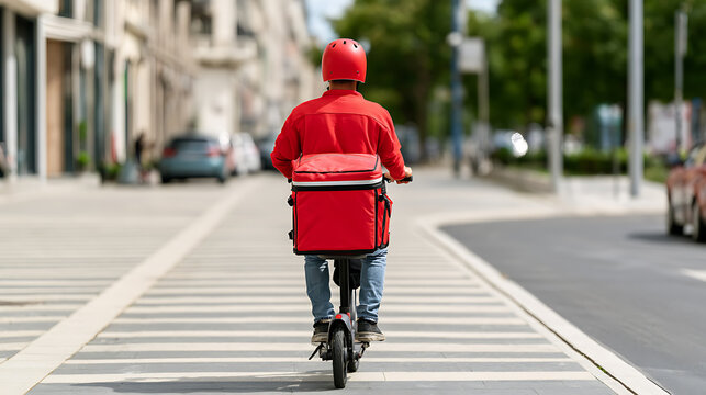 A courier ride an electric scooter with a red box for delivery service in the city street with traffic during daytime work rush hour scene