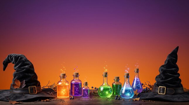 Row of glowing colorful magic potion bottles with witch hats on a dark mystical background for halloween
