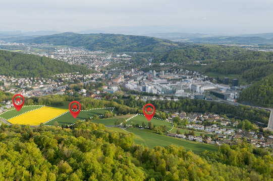 green land area aerial view management location by GPS position system. Property development technology.