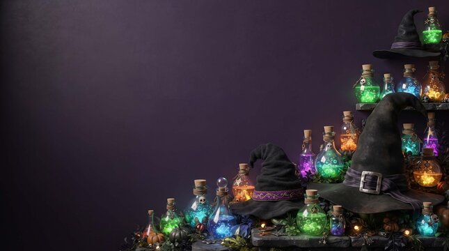 Collection of glowing magic potion bottles displayed on wooden shelves against a dark purple background