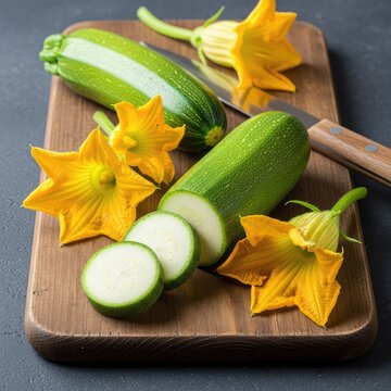 Vibrant green courgette and edible squash flowers rest on a rustic board with circular slices and a kitchen knife for healthy vegetable cooking, orange, sliced, blossoms