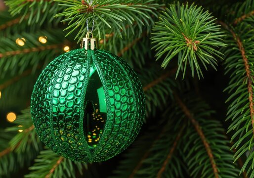 Vibrant green Christmas ornament with detailed scale texture and glossy reflections of warm holiday lights hanging on a lush pine branch, decoration, light, pine