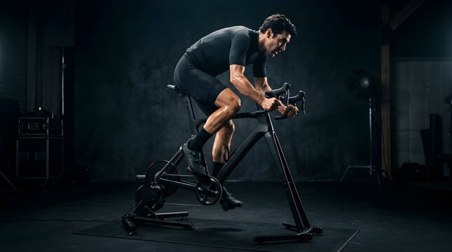 Athletic man training on an indoor stationary bicycle in a dark gym