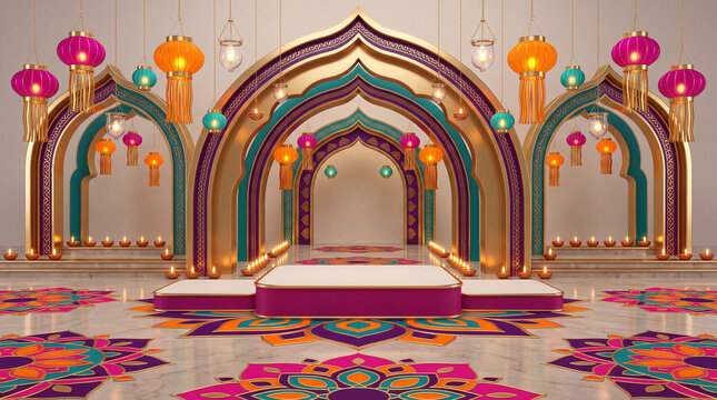 Vibrant traditional Indian wedding mandap stage decorated with colorful arches, hanging lanterns and floral rangoli carpet design.