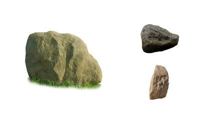 Three different natural stones and rocks with grass details isolated for garden landscaping design and outdoor nature environment decoration © Peach