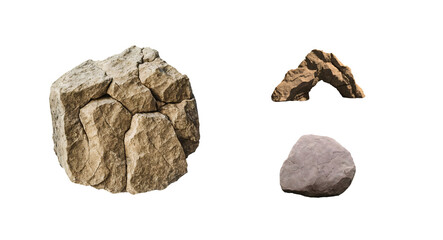 Three different natural brown rocks and stone pieces collected from the ground for landscaping and construction design isolated on a plain surface © Peach