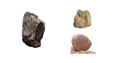 Set of three different natural river rocks and stones in various shapes and sizes isolated on a simple clean surface for design projects © Peach