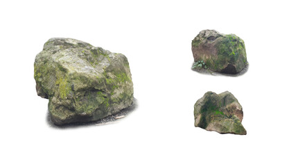 Three different natural grey rocks covered with green moss isolated collection © Peach