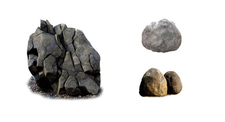Group of natural grey and brown stones and rocks isolated on a simple display for landscaping design and nature themed creative projects © Peach