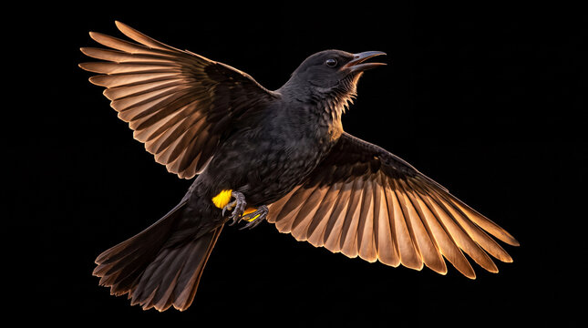 Dynamic shot of a black bird captured mid flight with wings fully spread against a dramatic black background, wildlife nature photography.