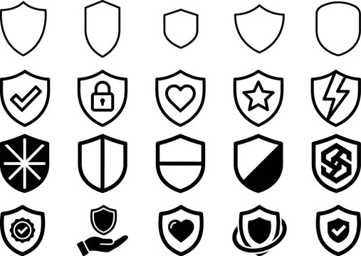 Set of various shield icons and security symbols for web design and digital protection concepts in black