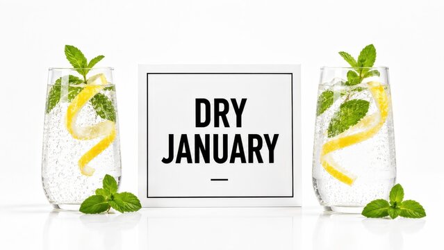 Dry January mocktail with lemon and mint on white