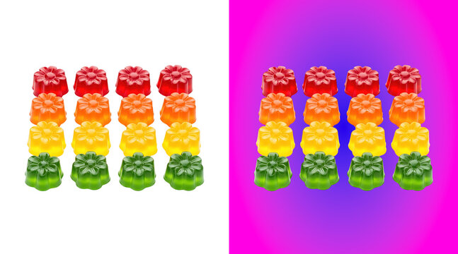 A collection of sixteen colorful fruit flavored gummy candies arranged in a square grid pattern isolated on a white background, for snacks