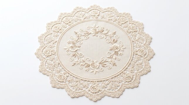Elegant round embroidered linen doily