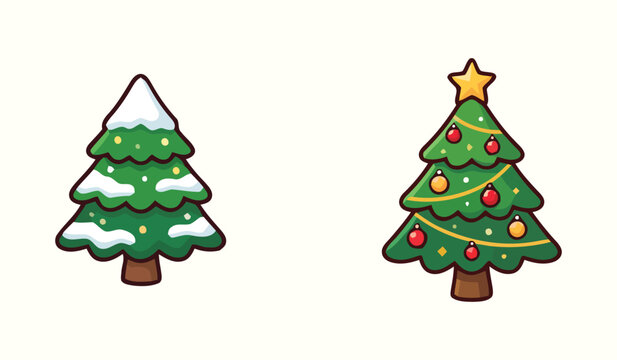 Two decorated cartoon christmas trees one with snow and one with golden star and ornaments christmas tree snowy tree holiday trees winter pine star topper holiday season christmas decor