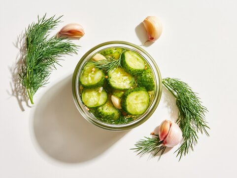 Overhead flat lay of modern pickle jar filled with sliced cucumbers, fresh dill, and garlic cloves on a white background, showcasing vibrant colors and textures