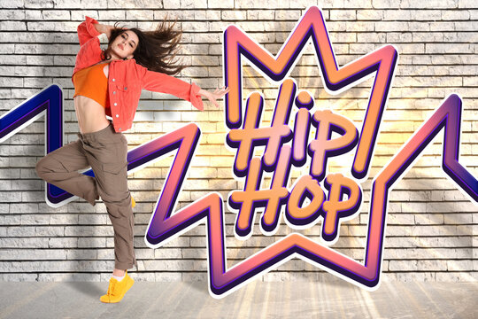 Young hip-hop dancer posing against brick wall. Bright creative poster