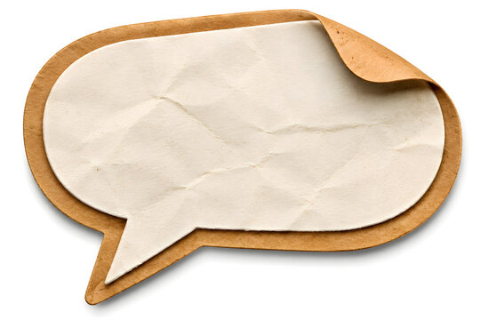 A crumpled paper speech bubble sticker with a curled corner design element isolated on transparent background