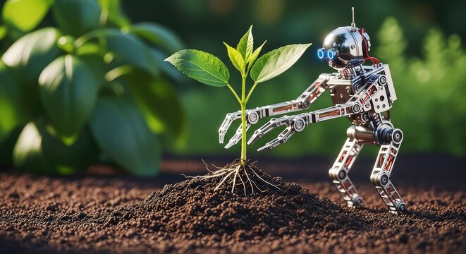 A small metallic robot gently places a green sprout into rich dark soil within a lush garden setting, symbolizing technology and nature, growth, innovation, environment
