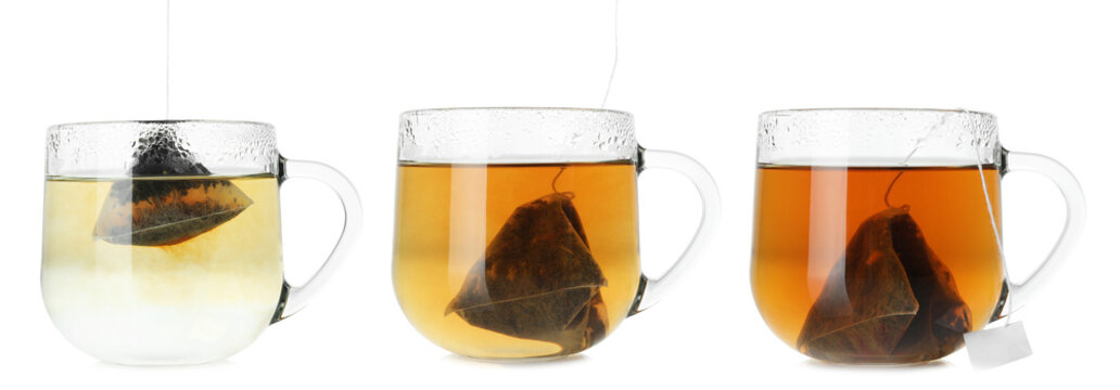 Brewing tea bag, stages. Collage with glass cup isolated on white