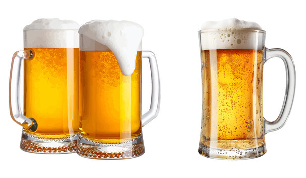 Group of three glass beer mugs with rich foam and bubbles