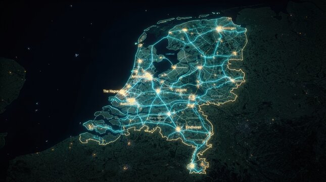 Stunning nighttime satellite map of Netherlands showcasing vibrant city lights and highways for modern infographics, web design, or travel marketing backdrops.