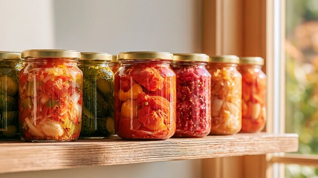 Rows of colorful jars filled with pickled vegetables and fruits on a rustic wooden shelf, sunlight illuminating the vibrant colors and textures of the contents