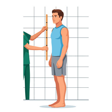 Medical professional measuring man's height with stadiometer against a grid background. Medical exam, growth, or physical assessment.
