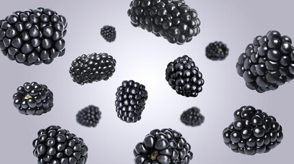 Fresh ripe blackberries spinning in air against grey gradient background © New Africa
