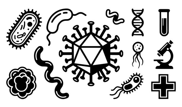 Virus bacteria microscopic organism icons with DNA microscope and medical symbols vector