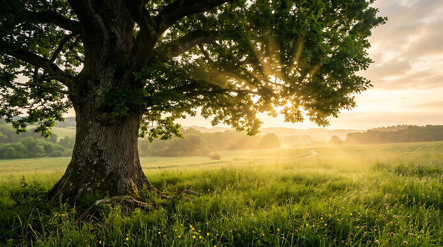 Ancient oak tree in a lush green meadow at sunrise with beautiful sun rays streaming through the branches over a misty rolling countryside landscape transparent