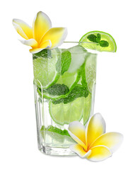 Refreshing cocktail and plumeria flower on white background © New Africa