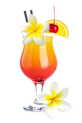 Tasty refreshing cocktail and plumeria flower on white background © New Africa