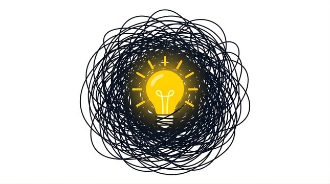 Glowing yellow lightbulb shining inside a chaotic messy tangled scribble