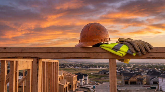 Construction worker holding safety helmet and gloves at sunset on building site