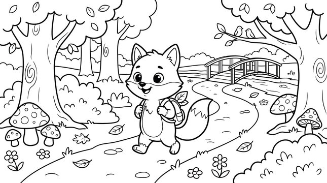 Cute cartoon fox walking on a path through a forest for children coloring page activity book design