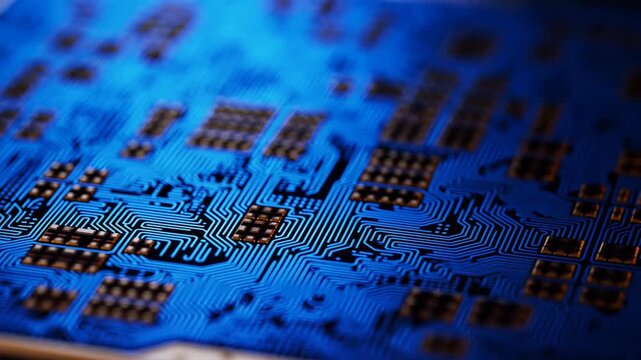Electronic circuit board surface with tiny components and blue illuminated pathways showing microchip details, dense patterns, and technological texture in close view with layered composition