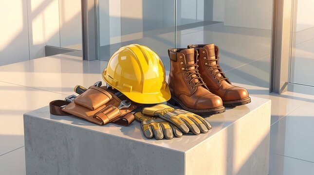 Hard hat and work boots on concrete slab symbolizing Labor Day construction tribute